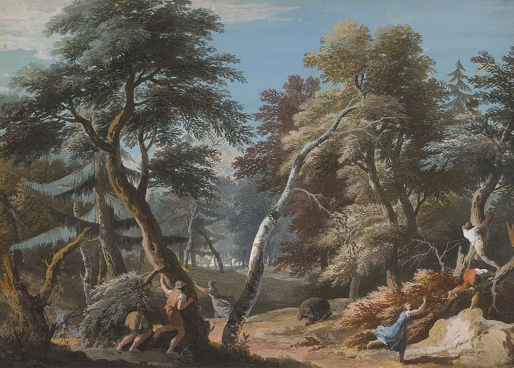 Un bosco con figure allarmate da un orso - Royal Collection